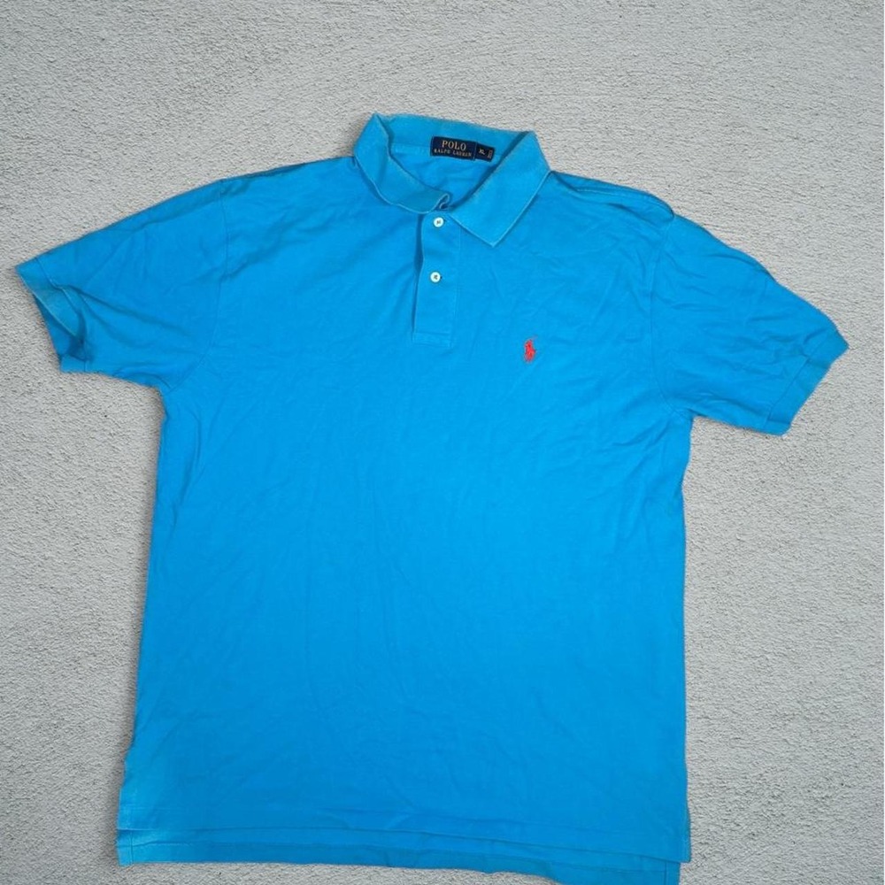 Vintage Polo Ralph Lauren Blue Cotton Pique Polo Shirt Mens XL Red Pony Logo